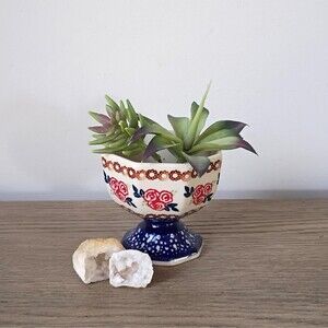 Vintage Boleslawiec Polish Footed Pedestal Pottery Bowl Dessert Fruit Nut Dish